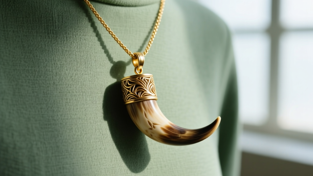 Carved horn pendant on a 14k gold-filled rope chain, photographed against a muted sage green linen fabric background texture.