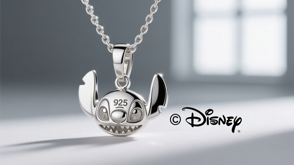 Macro shot of a sterling silver Disney Stitch necklace back showing the 925 hallmark and official Disney copyright stamp