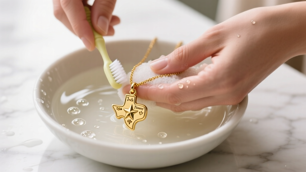 Hands gently scrubbing a 14k gold James Avery Texas charm necklace with a soft baby toothbrush in a bowl of warm soapy water