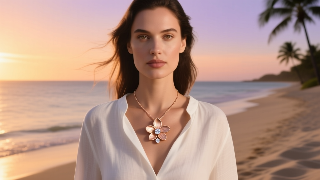 Woman wearing a 14k rose gold orchid pendant necklace with a diamond center over a white linen blouse at a sunset beach dinner