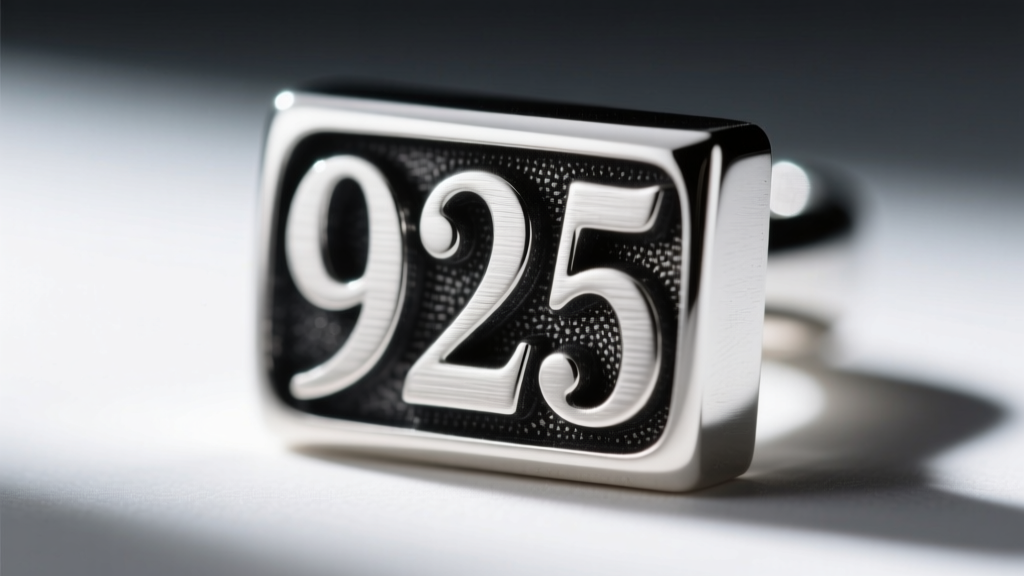 Macro view of a laser-etched 925 jewelry stamp on silver, showing shallow depth and dark oxidation inside the engraved letters.