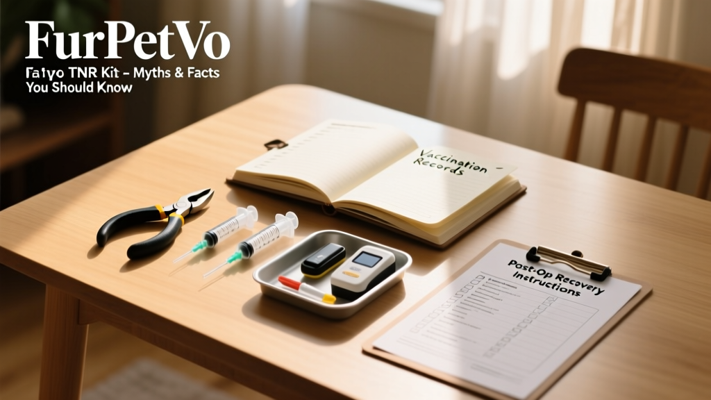 A neatly organized FurPetVo TNR kit with ear-tipping tools, vaccination records, and post-op recovery instructions laid out on a clean table