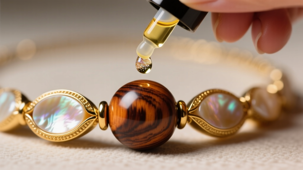 A hand applying a single drop of mineral oil to a polished Koa wood bead integrated into a gold and shell Hawaii necklace design