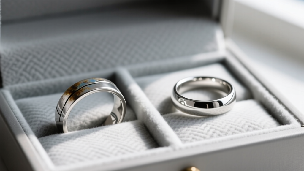 Macro comparison of tarnished sterling silver band and clean silver ring resting on treated flannel inside a ring box slot