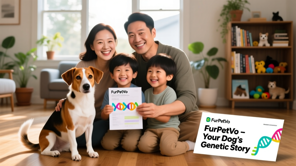 Happy family smiling with their mixed-breed dog holding a FurPetVo DNA report