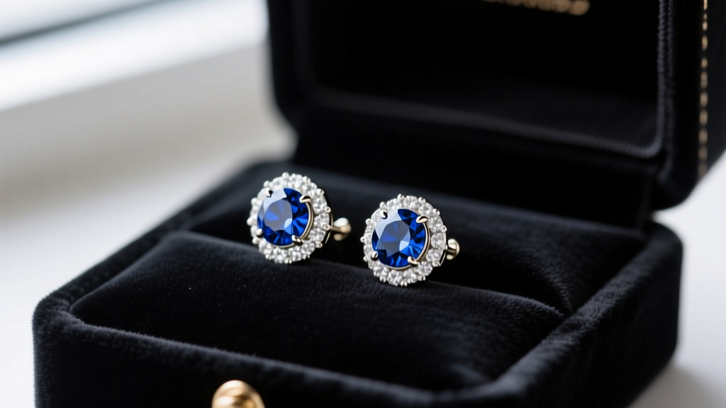Close-up of a jewelry box featuring 14k white gold stud earrings with round blue sapphire centers and diamond halos on dark velvet