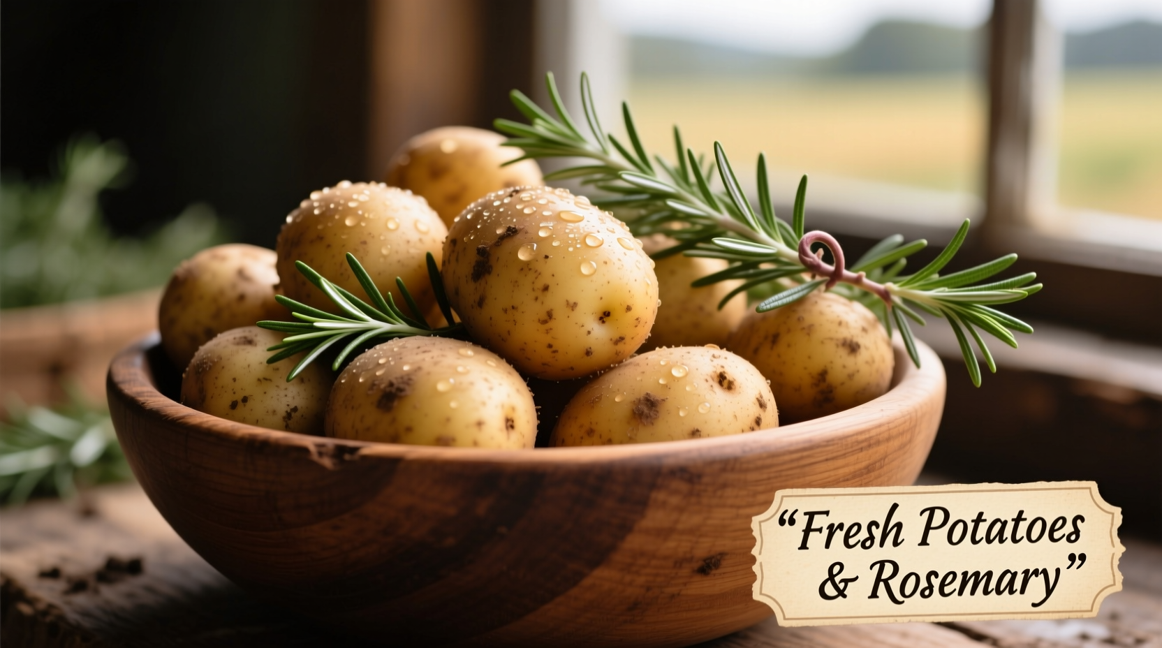 Fresh potatoes in a wooden bowl with sprigs of rosemary