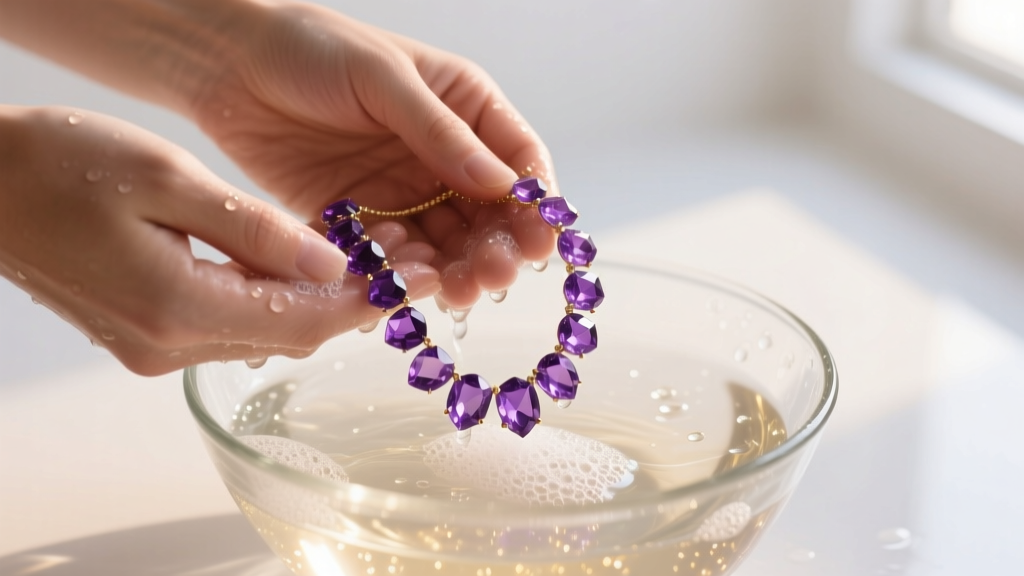 Hands gently washing a purple amethyst chip necklace in a glass bowl of soapy water, illuminated by soft natural window lighting