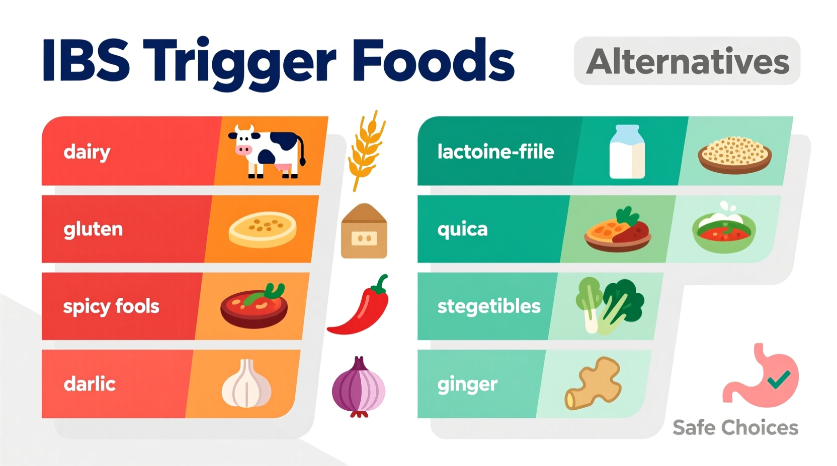 Colorful chart showing common IBS trigger foods and alternatives