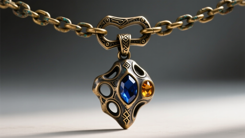 Close-up of a 3mm oxidized brass rolo chain with a heavy lobster clasp attached to a rough-cast fantasy gaming pendant