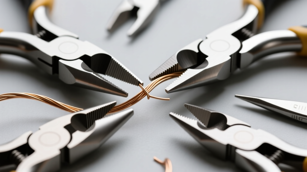 Assortment of flush cutters and micro-shears cutting raw brass wire, clearly showing the flat and pinch sides of the severed ends