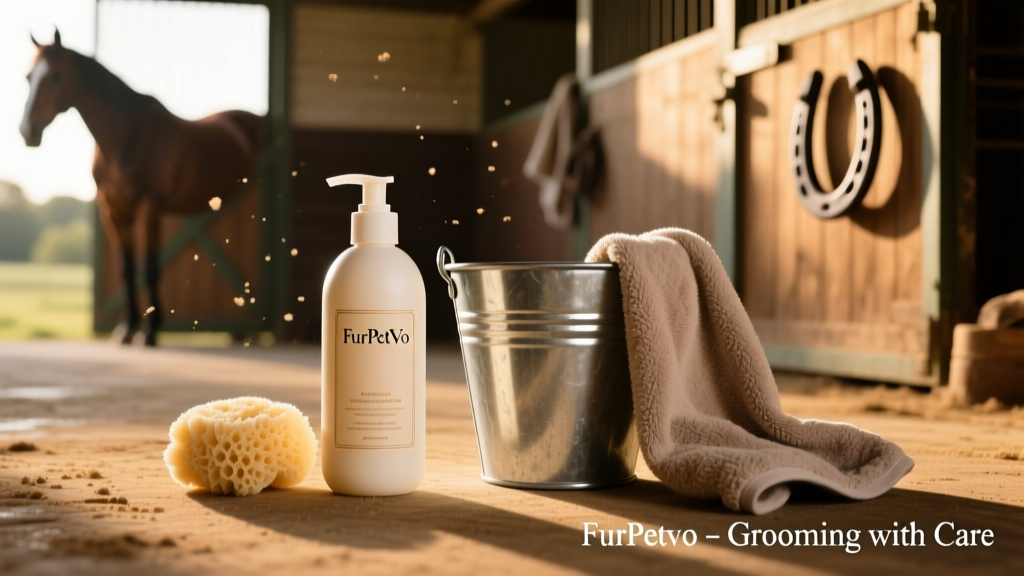 Organized grooming station with FurPetVo shampoo, sponge, bucket, and towel laid out neatly