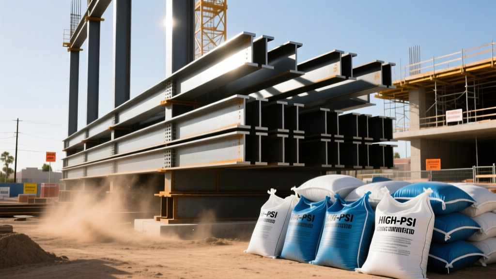Commercial construction site in Artesia California with stacked structural steel beams and high-PSI concrete bags ready for seismic retrofitting
