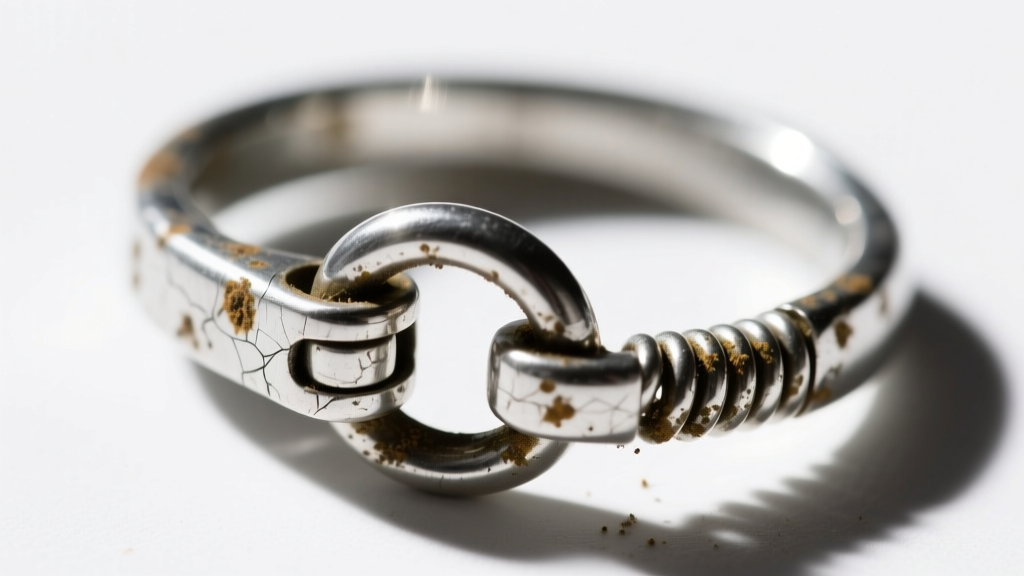 Close-up of a tarnished silver spring ring clasp with visible grime trapped inside the mechanical lever and jump ring gap.
