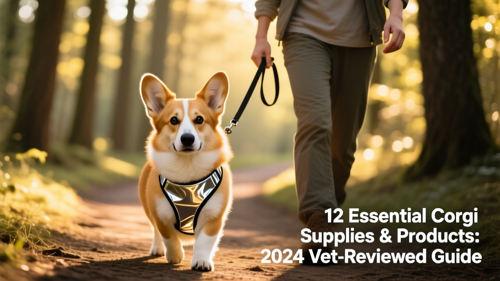 Corgi wearing a reflective no-pull harness and walking calmly beside owner on a sunny path
