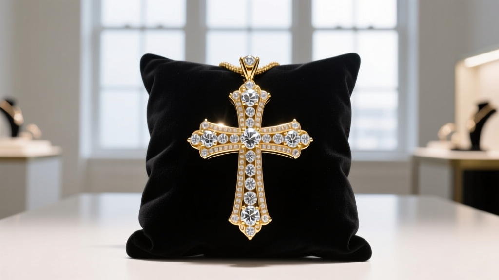 Front view of a large diamond-encrusted gold cross pendant resting on black velvet inside a brightly lit custom jewelry studio