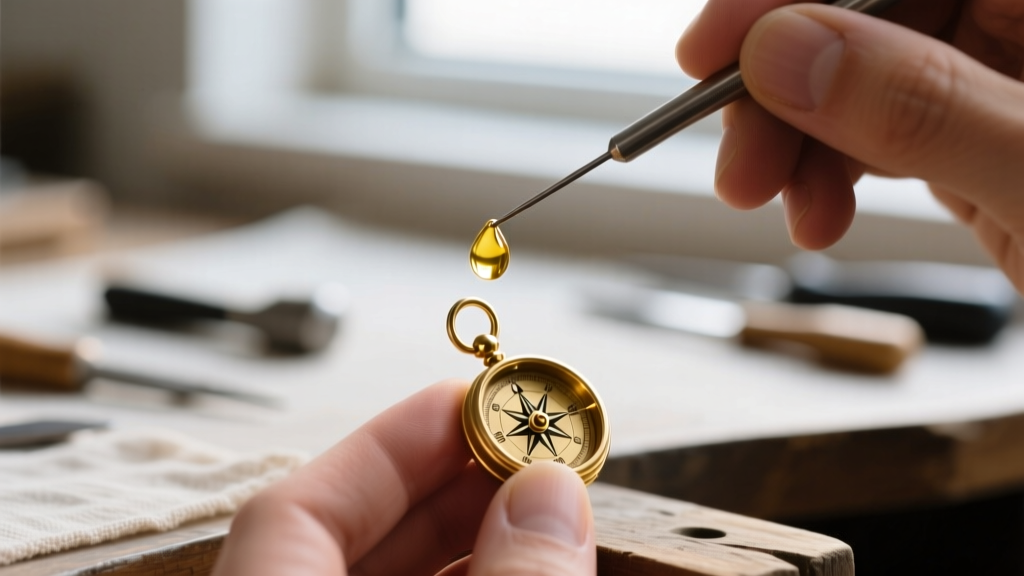 Macro shot of a jeweler applying a tiny drop of oil to the hinge of a brass compass dangle earring using a fine steel needle tool