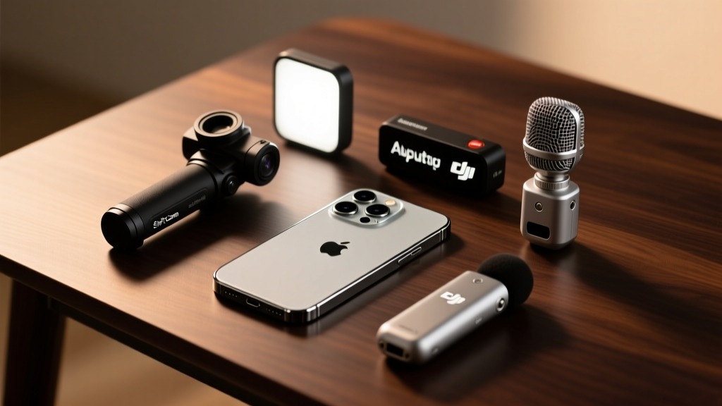 Flat lay of iPhone 16 Pro Max surrounded by ShiftCam grip, Aputure MC light, and DJI Mic on a dark wooden desk with warm studio lighting
