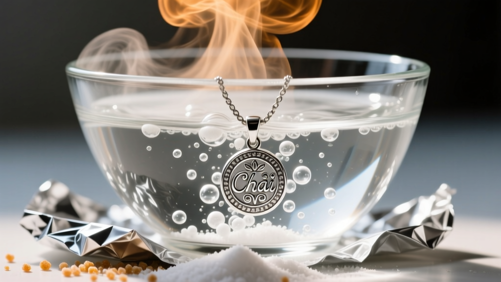 Glass bowl of boiling water, aluminum foil, and baking soda, showing a submerged silver Chai pendant with cleaning bubbles forming.