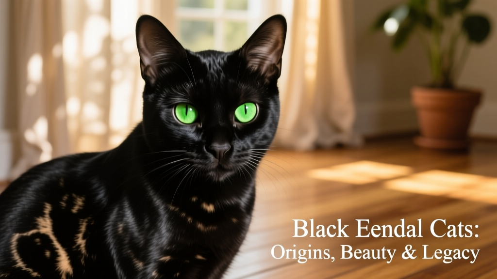 A close-up portrait of a glossy black Bengal cat with intense green eyes and visible rosette patterning faintly visible in bright light