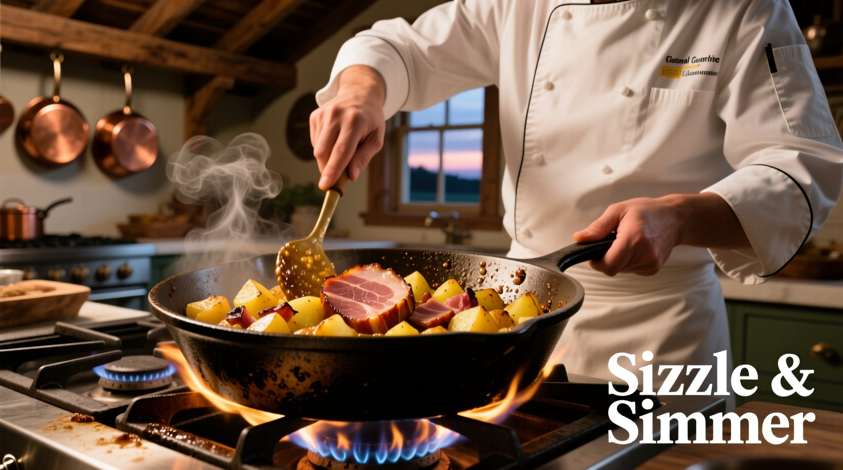 Chef preparing golden brown ham and potato hash in cast iron skillet