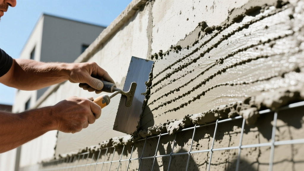 Mason applying textured cement scratch coat over wire lath on exterior wall with notched trowel before stone installation