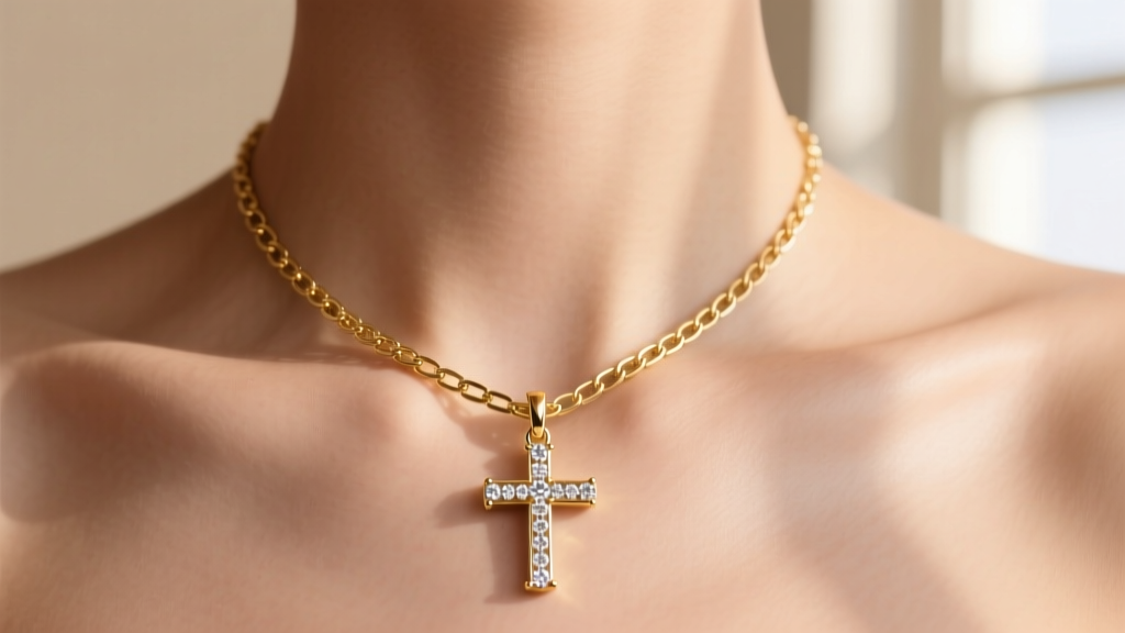 A delicate 1.5mm 14k gold box chain threaded through the bail of a diamond-accented cross pendant, worn on a model's collarbone