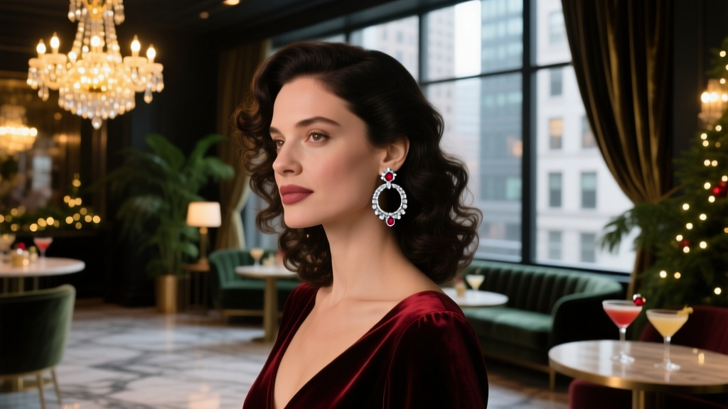 Woman wearing elegant Santa-themed huggie hoop earrings with small ruby and diamond accents at a dimly lit holiday cocktail party.
