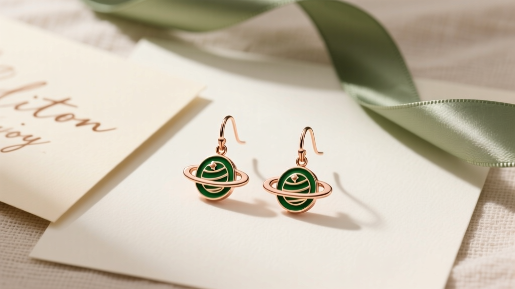 Flat lay gift box with rose gold planet saturn drop earrings featuring green enamel rings, next to a handwritten card and ribbon.