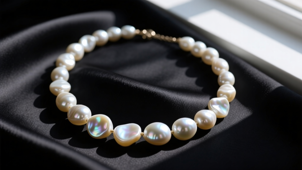 Close-up of an irregular pearl necklace with unique baroque shapes draped over dark silk in soft, directional natural window light.