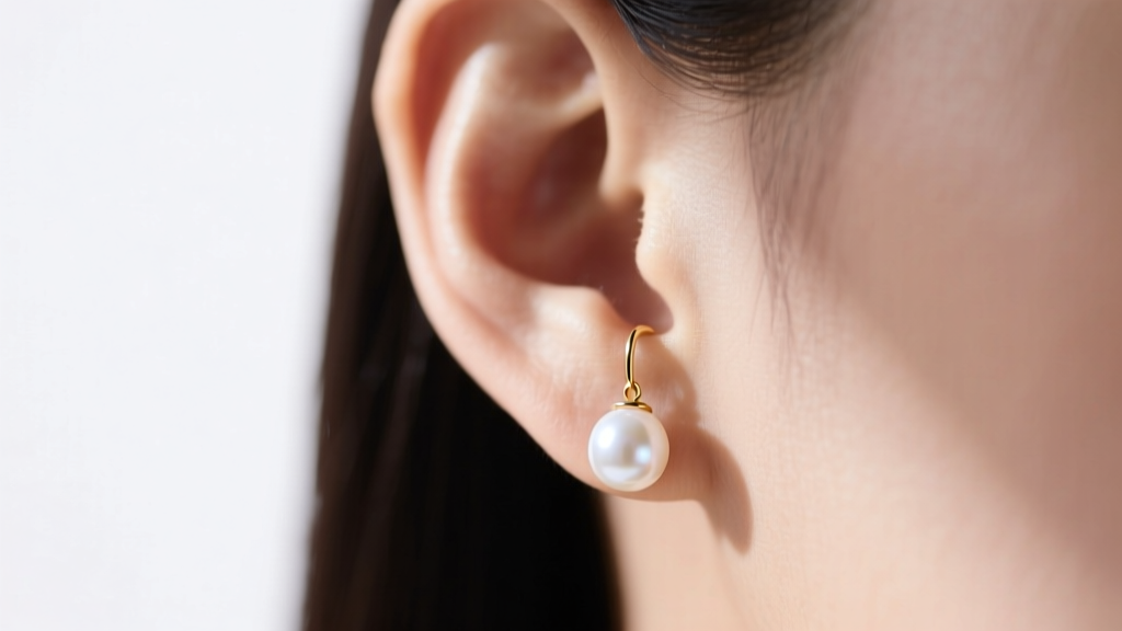 Close-up of an ear wearing a 5mm white pearl drop earring on 14k gold wire, soft window lighting, elegant minimal aesthetic