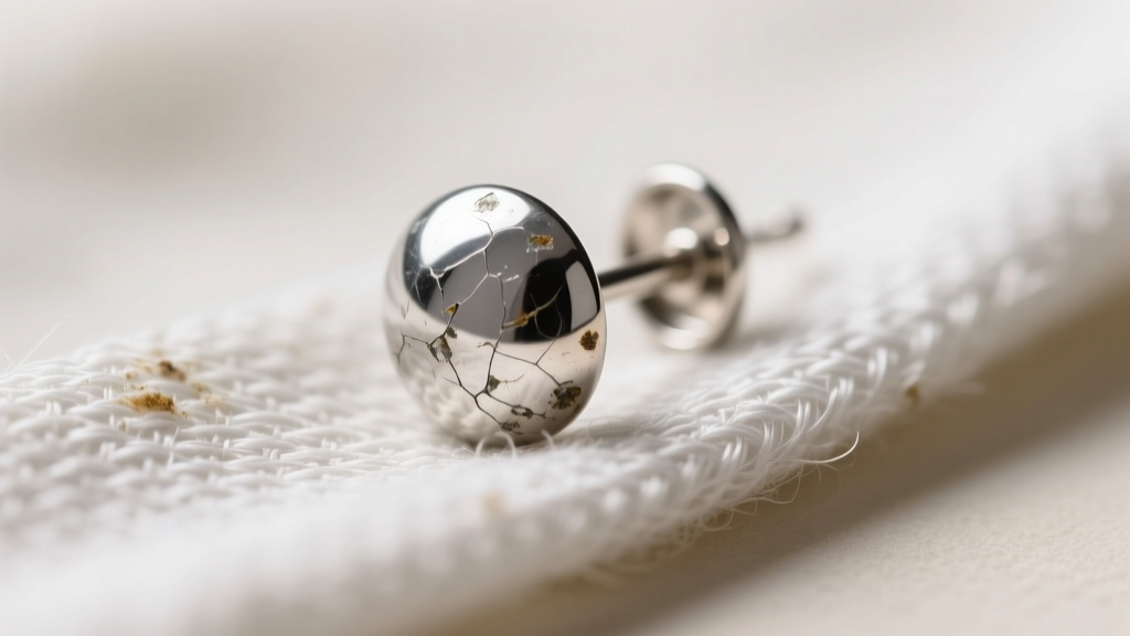 Macro photography of a tarnished sterling silver earring post being gently polished with a specialized silver cleaning cloth