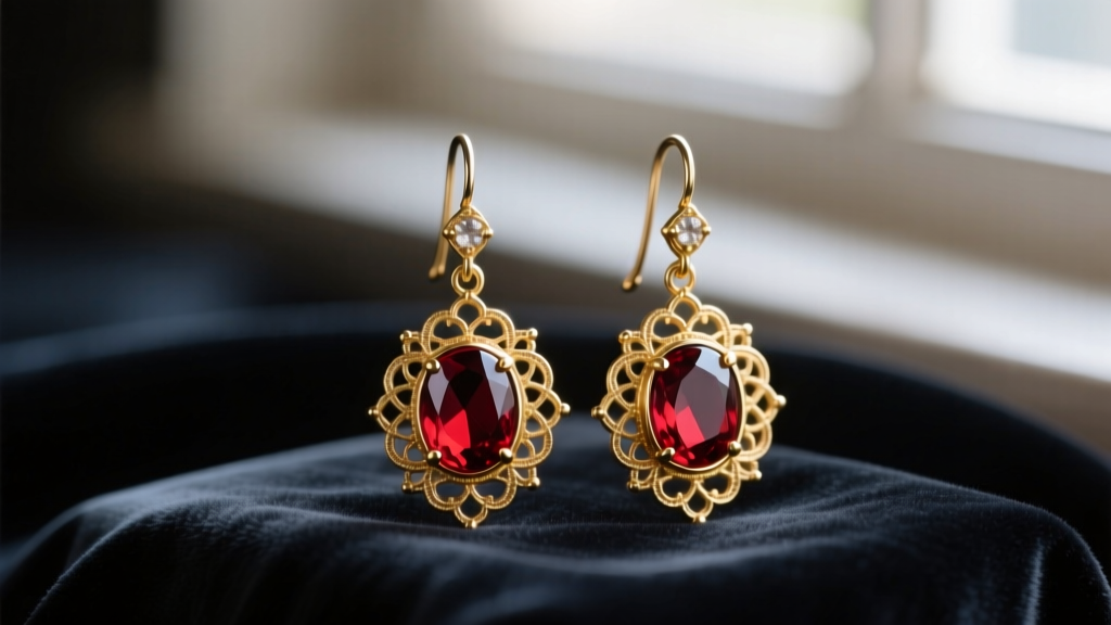 Victorian-style gold drop earrings with red garnet cabochons and delicate filigree metalwork resting on dark velvet