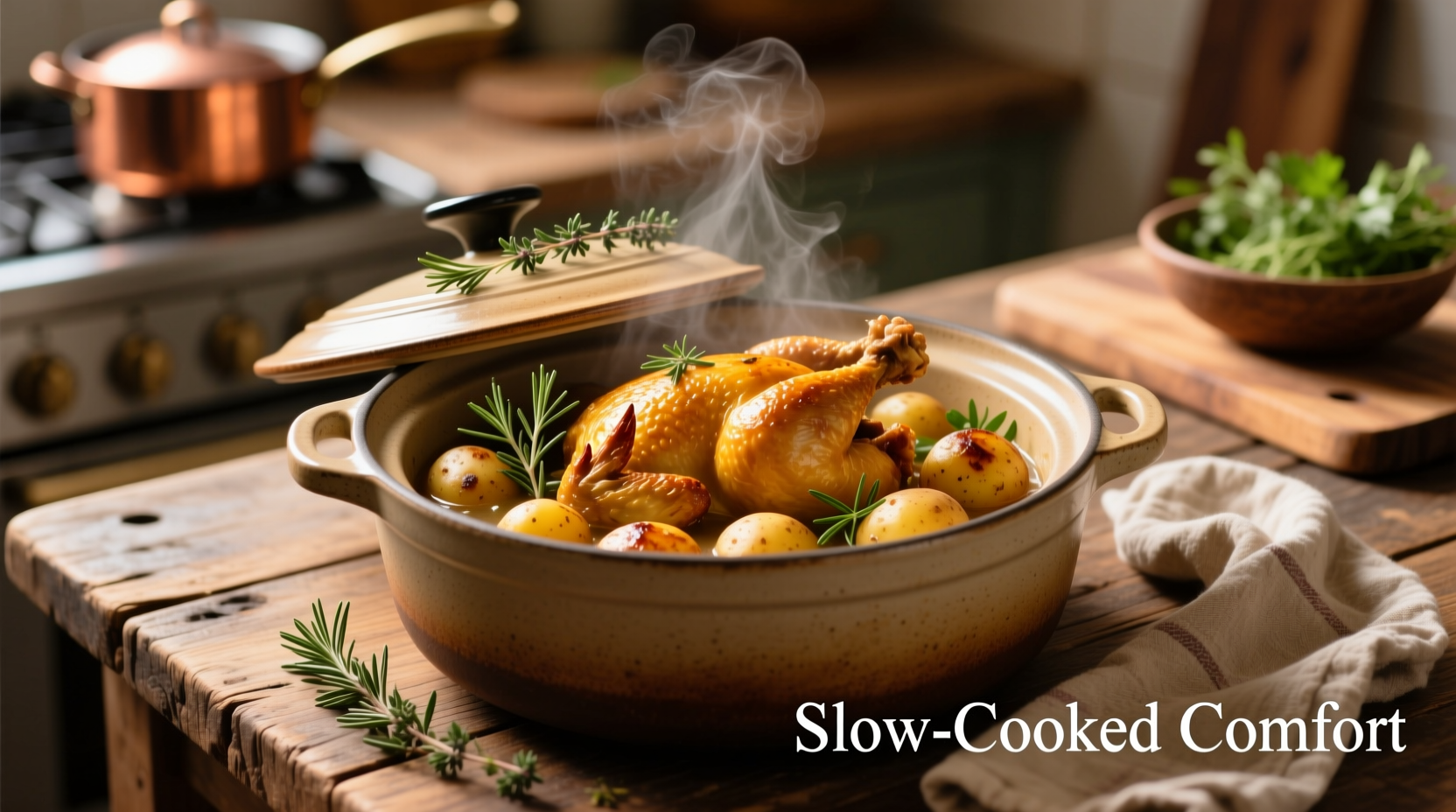 Golden brown chicken and potatoes in crockpot with herbs