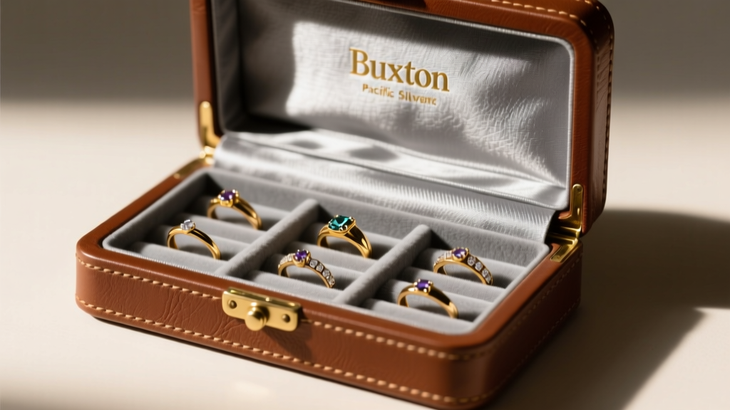 Vintage Buxton jewelry box in brown leather, opened to show grey Pacific Silvercloth lining inside the main ring storage tray.