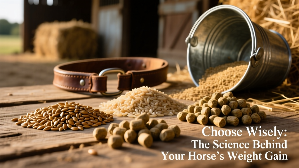 Close-up of high-quality horse feed ingredients including flaxseed, rice bran, and alfalfa pellets