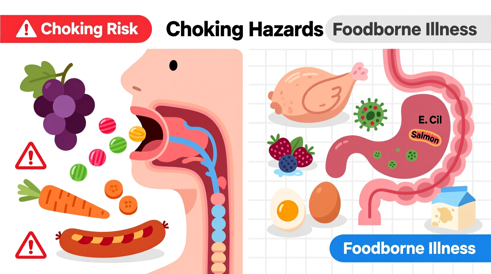 Food safety comparison showing choking hazards versus foodborne illness