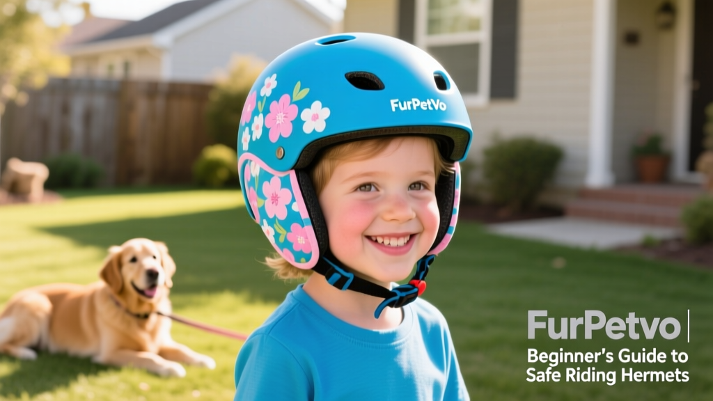 Child smiling confidently in a bright blue FurPetVo helmet with a removable floral helmet cover