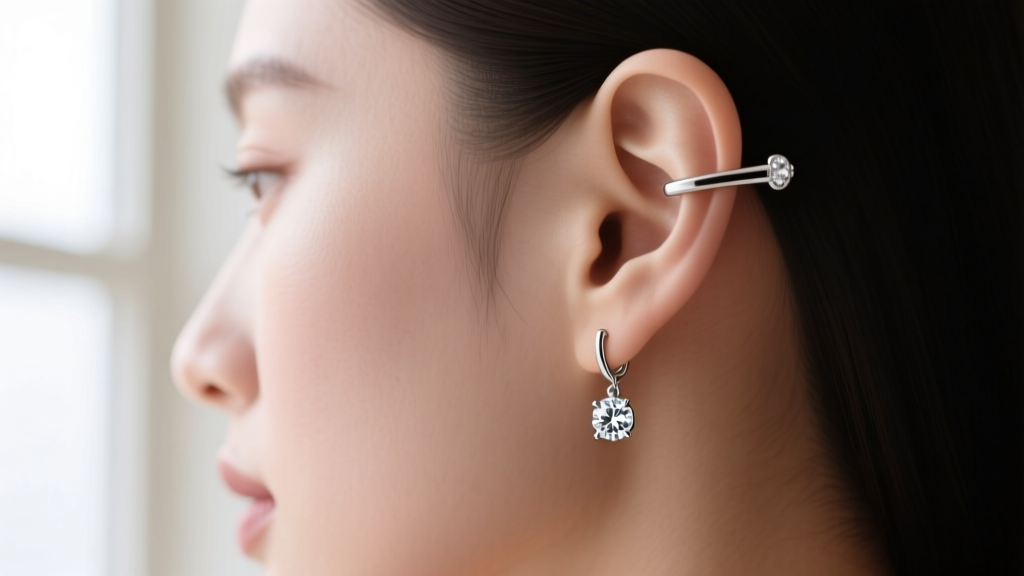 Close-up of an ear wearing an invisible clip-on diamond drop earring, soft lighting highlighting the seamless fit on the earlobe.