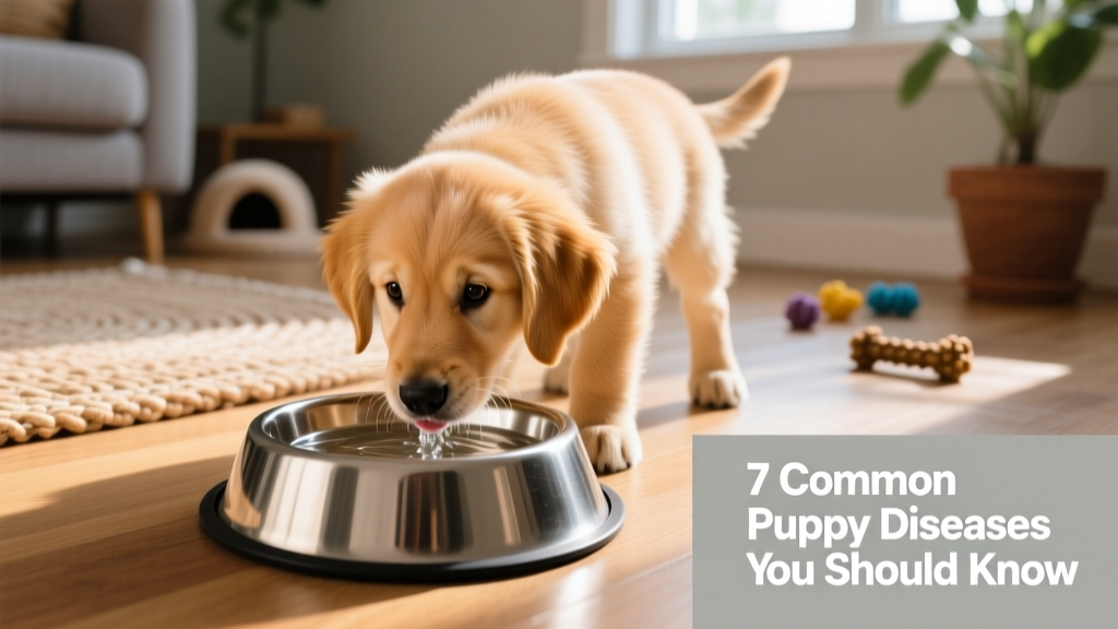 Puppy drinking clean water from a stainless-steel bowl indoors