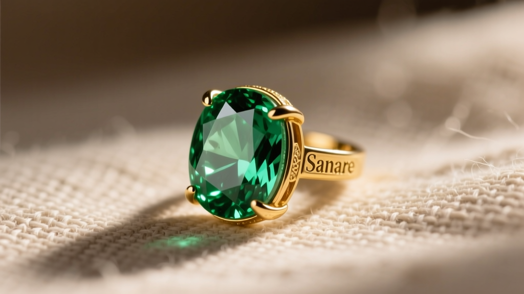 Close-up of a 14k gold Sanare earring with raw green tourmaline, resting on textured linen cloth in soft, diffused morning light.