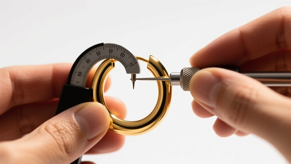 Close-up of a piercer using a gauge wheel to measure the inner diameter of a gold hoop earring under warm, bright studio lights.