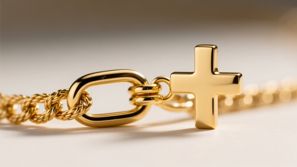 Macro shot of 1.2mm 14k gold rope chain clasp and 6mm solid gold cross pendant, highlighting metal texture and high polish finish.