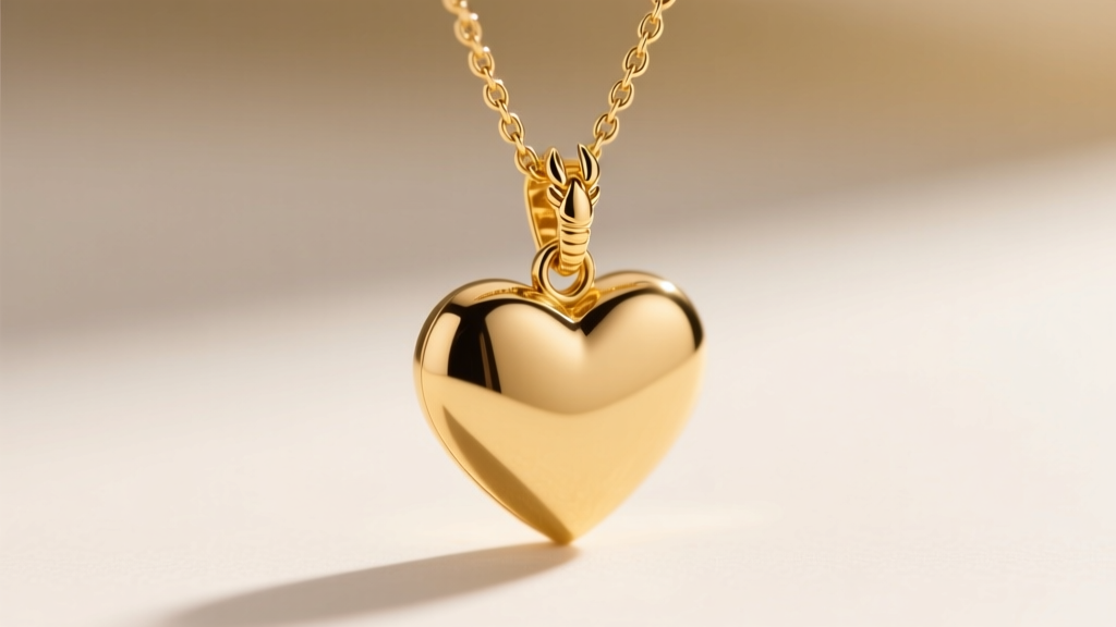Macro shot of an 18k gold vermeil heart tag pendant on a 2.5mm curb chain, highlighting the lobster clasp and jump ring.