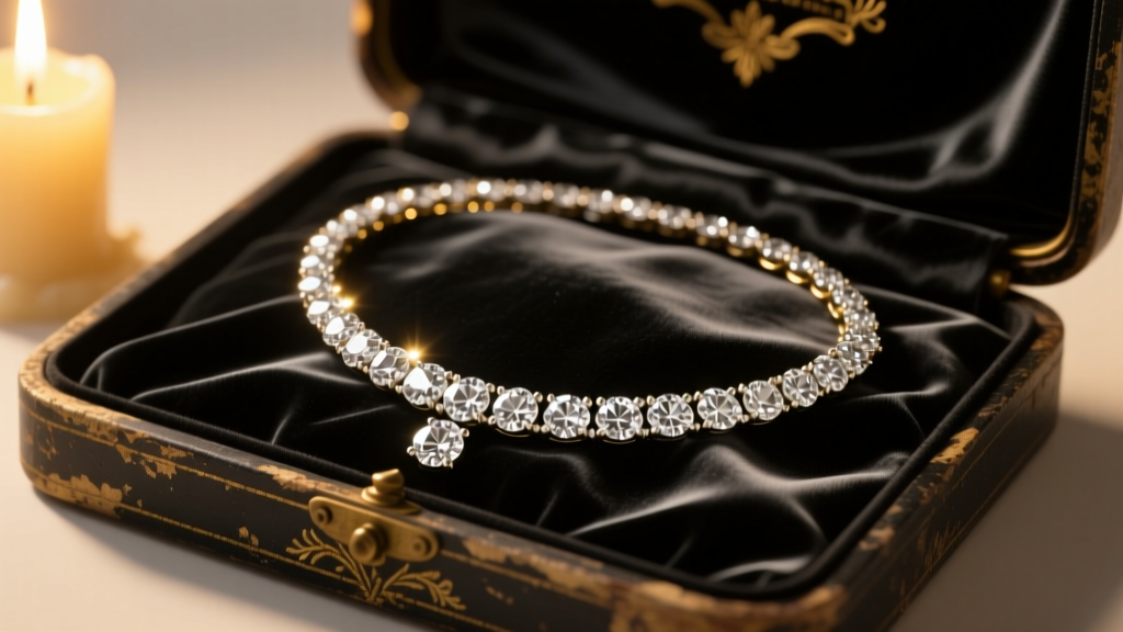 Vintage 19th-century style diamond rivière necklace resting on a worn black satin box, illuminated by soft dramatic candlelight