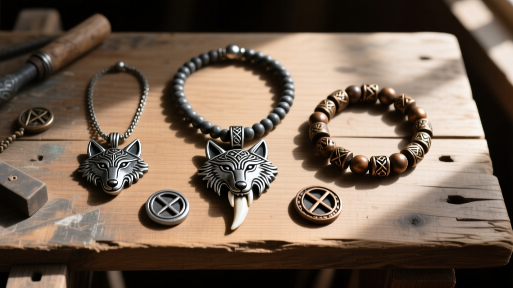 Flat lay of Norse jewelry pieces including wolf tooth pendants and runic beads organized neatly on a rustic wooden workbench.