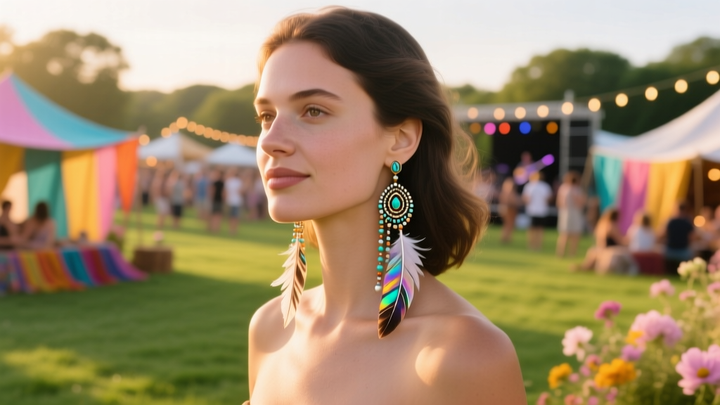 Woman wearing long beaded feather dangle earrings elongating her round face, against a soft outdoor summer festival background.
