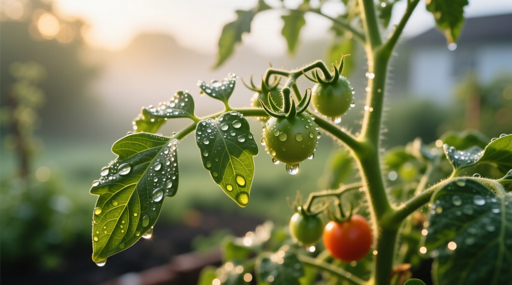 Tomato plant with dew on leaves in morning light