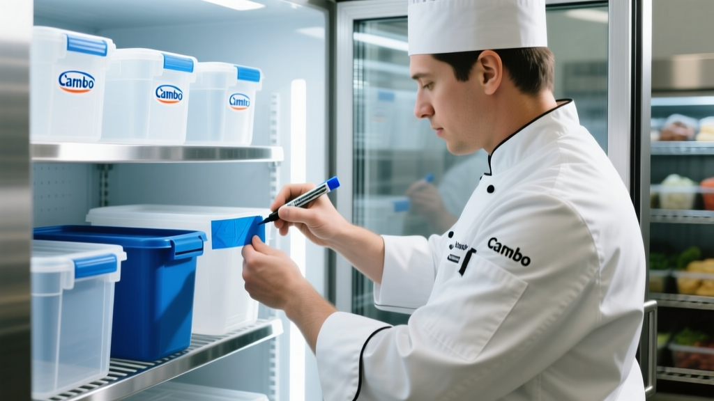 Chef labeling Cambro polycarbonate Camwear storage containers with blue painters tape and a marker inside a commercial walk-in refrigerator