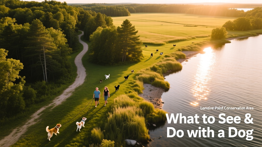 Aerial view of Lemoine Point Conservation Area in Kingston: forested trails, shoreline, and open grassy spaces where dogs can explore safely